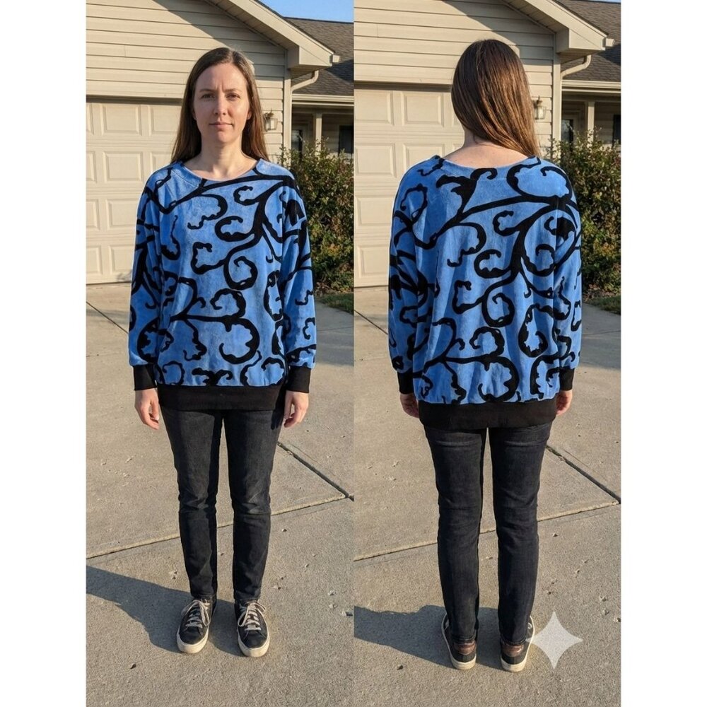 VTG 80s Michael Carrie Blue Black Scroll Velour Sweatshirt Tunic Pullover Medium